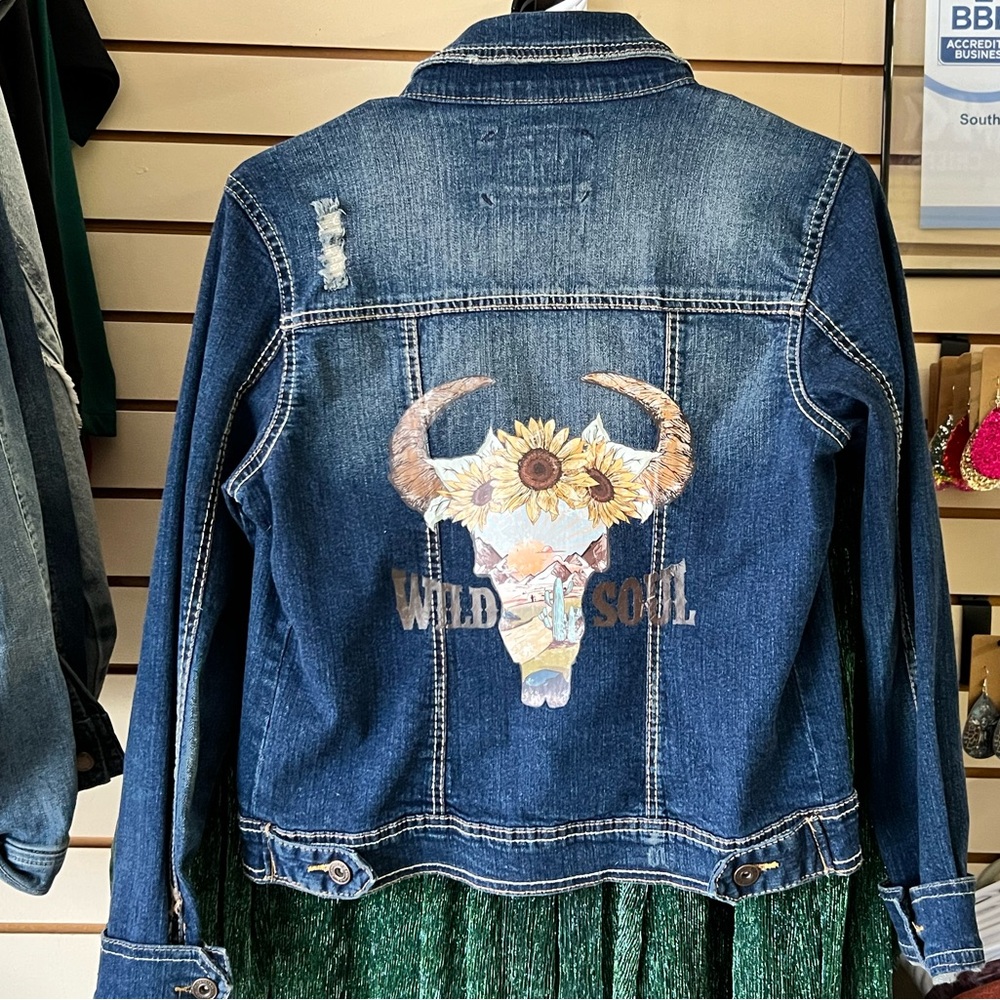 Wild Soul Denim Jacket with Sunflower Skull… One of a Kind!!!